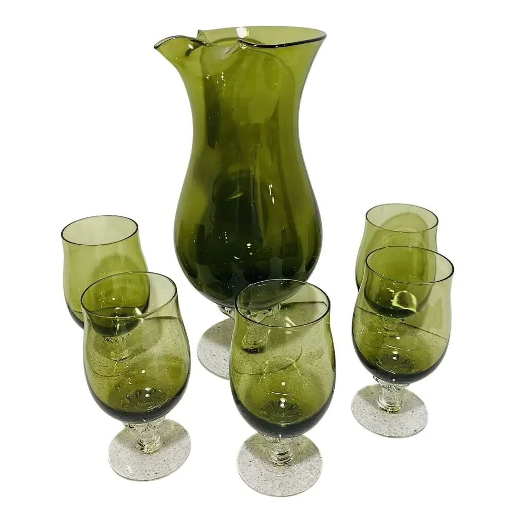 Vintage Sasaki Cocktail Set Green Art Glass Pitcher Decanter & 5 Wine Glasses